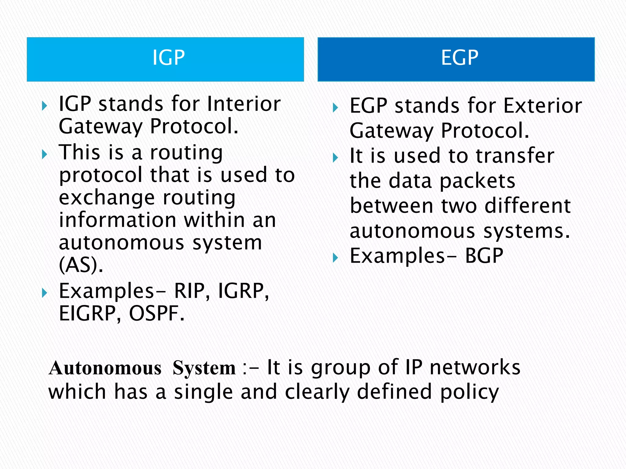 IGP EGP
 IGP stands for Interior
Gateway Protocol.
 This is a routing
protocol that is used to
exchange routing
information within an
autonomous system
(AS).
 Examples- RIP, IGRP,
EIGRP, OSPF.
 EGP stands for Exterior
Gateway Protocol.
 It is used to transfer
the data packets
between two different
autonomous systems.
 Examples- BGP
Autonomous System :- It is group of IP networks
which has a single and clearly defined policy
 