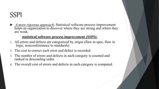 SSPI
 A more rigorous approach: Statistical software process improvement
helps an organization to discover where they are strong and where they
are weak.
statistical software process improvement (SSPI):
1. All errors and defects are categorized by origin (flaw in spec, flaw in
logic, nonconformance to standards).
2. The cost to correct each error and defect is recorded.
3. The number of errors and defects in each category is counted and
ranked in descending order.
4. The overall cost of errors and defects in each category is computed.
 