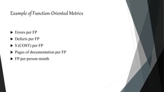 Example of Function-Oriented Metrics
 Errors per FP
 Defects per FP
 $ (COST) per FP
 Pages of documentation per FP
 FP per person month
 