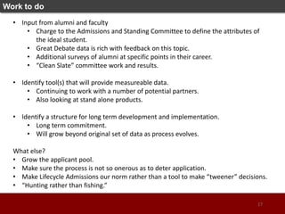 Work to do
17
• Input from alumni and faculty
• Charge to the Admissions and Standing Committee to define the attributes of
the ideal student.
• Great Debate data is rich with feedback on this topic.
• Additional surveys of alumni at specific points in their career.
• “Clean Slate” committee work and results.
• Identify tool(s) that will provide measureable data.
• Continuing to work with a number of potential partners.
• Also looking at stand alone products.
• Identify a structure for long term development and implementation.
• Long term commitment.
• Will grow beyond original set of data as process evolves.
What else?
• Grow the applicant pool.
• Make sure the process is not so onerous as to deter application.
• Make Lifecycle Admissions our norm rather than a tool to make “tweener” decisions.
• “Hunting rather than fishing.”
 