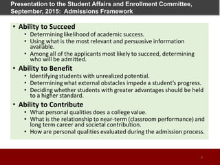 Presentation to the Student Affairs and Enrollment Committee,
September, 2015: Admissions Framework
4
 