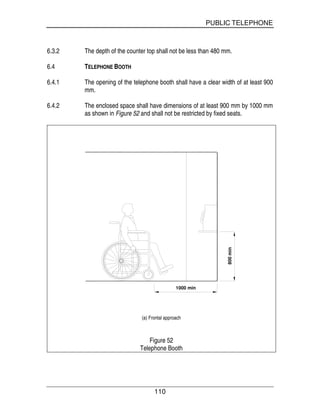 PUBLIC TELEPHONE
110
6.3.2 The depth of the counter top shall not be less than 480 mm.
6.4 TELEPHONE BOOTH
6.4.1 The opening of the telephone booth shall have a clear width of at least 900
mm.
6.4.2 The enclosed space shall have dimensions of at least 900 mm by 1000 mm
as shown in Figure 52 and shall not be restricted by fixed seats.
800min
1000 min
(a) Frontal approach
Figure 52
Telephone Booth
 