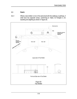 TAXI SHELTER
118
8.5 RAMPS
8.5.1 Where a taxi shelter is not on the same level with the walkway or pathway, it
shall have two separate ramps, conforming to Table 2 of Chapter 3, for
boarding and alighting as shown in Figure 55.
TAXI BAY TAXI BAY
Roof eave line
Seat
Alternative ramp for
boarding and
alighting
1200
min
1500
Ramp for
boarding and
alighting
900
DIRECTION
OF TRAFFIC
min
min
Layout plan of Taxi Shelter
TAXI
Front and Side view of Taxi Shelter
Figure 55
Taxi Shelter
 