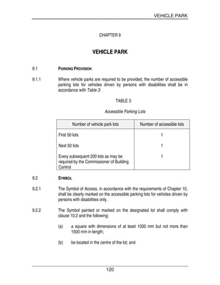 VEHICLE PARK
120
CHAPTER 9
VVEEHHIICCLLEE PPAARRKK
9.1 PARKING PROVISION
9.1.1 Where vehicle parks are required to be provided, the number of accessible
parking lots for vehicles driven by persons with disabilities shall be in
accordance with Table 3:
TABLE 3
Accessible Parking Lots
Number of vehicle park lots Number of accessible lots
First 50 lots
Next 50 lots
Every subsequent 200 lots as may be
required by the Commissioner of Building
Control
1
1
1
9.2 SYMBOL
9.2.1 The Symbol of Access, in accordance with the requirements of Chapter 10,
shall be clearly marked on the accessible parking lots for vehicles driven by
persons with disabilities only.
9.2.2 The Symbol painted or marked on the designated lot shall comply with
clause 10.2 and the following:
(a) a square with dimensions of at least 1000 mm but not more than
1500 mm in length;
(b) be located in the centre of the lot; and
 