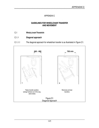 APPENDIX C
145
APPENDIX C
GGUUIIDDEELLIINNEESS FFOORR WWHHEEEELLCCHHAAIIRR TTRRAANNSSFFEERR
AANNDD MMOOVVEEMMEENNTT
C.1 WHEELCHAIR TRANSFER
C.1.1 Diagonal approach
C.1.1.1 The diagonal approach for wheelchair transfer is as illustrated in Figure C1.
1 2
460 - 480 700 min
Takes transfer position, Removes armrest
swings footrest out of the way, transfers
sets brakes
Figure C1
Diagonal Approach
 