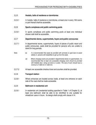 PROVISIONS FOR PERSONS WITH DISABILITIES
15
2.2.5 Hostels, halls of residence or dormitories
2.2.5.1 In hostels, halls of residence or dormitories, at least one in every 100 rooms
or part thereof shall be accessible.
2.2.6 Sports complexes and public swimming pools
2.2.6.1 In sports complexes and public swimming pools at least one individual
shower stall shall be accessible.
2.2.7 Departmental stores, supermarkets, foyers and public concourses
2.2.7.1 In departmental stores, supermarkets, foyers of places of public resort and
public concourses, seats shall be provided for persons who are unable to
stand for long periods.
Note: (a) It is recommended that seats be provided with armrests or grab bars to assist
elderly or persons with disabilities to get up from the seats.
(b) Where changing rooms are provided in departmental stores or supermarkets, it is
recommended that at least one accessible changing room should be provided
with foldable door, swing out doors or curtain. The size of room should have a
minimum of 1000 mm X 1200 mm.
2.2.7.2 At least one accessible checkout lane and counters shall be provided.
2.2.8 Transport station
2.2.8.1 Where entrances are located across roads, at least one entrance on each
side of the road shall be made accessible.
2.2.9 Bathroom in residential unit
2.2.9.1 In residential unit (residential building specified in Table 1 of Chapter 2), at
least one bathroom shall be able to be retrofitted to one suitable for
wheelchair users in future. Its design shall comply with clause 4.14.
 