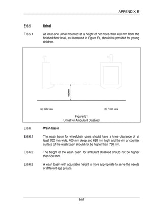 APPENDIX E
163
E.6.5 Urinal
E.6.5.1 At least one urinal mounted at a height of not more than 400 mm from the
finished floor level, as illustrated in Figure E1, should be provided for young
children.
400mm
(a) Side view (b) Front view
Figure E1
Urinal for Ambulant Disabled
E.6.6 Wash basin
E.6.6.1 The wash basin for wheelchair users should have a knee clearance of at
least 700 mm wide, 400 mm deep and 680 mm high and the rim or counter
surface of the wash basin should not be higher than 780 mm.
E.6.6.2 The height of the wash basin for ambulant disabled should not be higher
than 550 mm.
E.6.6.3 A wash basin with adjustable height is more appropriate to serve the needs
of different age groups.
 