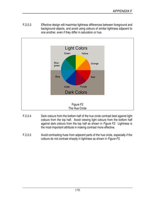 APPENDIX F
170
F.2.5.3 Effective design will maximise lightness differences between foreground and
background objects, and avoid using colours of similar lightness adjacent to
one another, even if they differ in saturation or hue.
Figure F2
The Hue Circle
F.2.5.4 Dark colours from the bottom half of the hue circle contrast best against light
colours from the top half. Avoid viewing light colours from the bottom half
against dark colours from the top half as shown in Figure F2. Lightness is
the most important attribute in making contrast more effective.
F.2.5.5 Avoid contrasting hues from adjacent parts of the hue circle, especially if the
colours do not contrast sharply in lightness as shown in Figure F3.
 