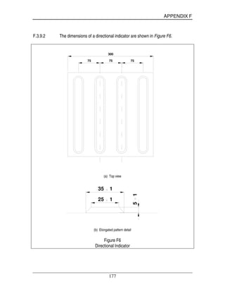 APPENDIX F
177
F.3.9.2 The dimensions of a directional indicator are shown in Figure F6.
300
75 75 75
(a) Top view
35 1
25 1
51
(b) Elongated pattern detail
Figure F6
Directional Indicator
 