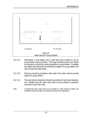 APPENDIX G
187
350mm
(a) Side view (b) Front view
Figure G1
Water Closet for Young Children
G.3.1.2.2 Alternatively, a seat adaptor with a small seat cover suitable for use by
young children may be provided. The hanger holding the seat cover should
be mounted at a level that is easily accessible to young children. A portable
and stable stool should also be provided as stepper for young children who
may not reach the water closet.
G.3.1.2.3 Grab bars should be provided on both sides of the water closet to provide
support for young children.
G.3.1.2.4 The water closet compartment should be provided with bath liquid dispenser
and a flexible hose with water spray head as some parents or guardians
may need to clean their child.
Note: A child-friendly water closet need not be provided if a water closet for children with
disabilities has been provided in accordance with clause E.6 of Appendix E.
 