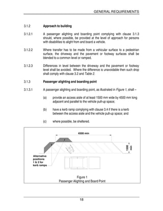 GENERAL REQUIREMENTS
18
3.1.2 Approach to building
3.1.2.1 A passenger alighting and boarding point complying with clause 3.1.3
should, where possible, be provided at the level of approach for persons
with disabilities to alight from and board a vehicle.
3.1.2.2 Where transfer has to be made from a vehicular surface to a pedestrian
surface, the driveway and the pavement or footway surfaces shall be
blended to a common level or ramped.
3.1.2.3 Differences in level between the driveway and the pavement or footway
level shall be avoided. Where the difference is unavoidable then such drop
shall comply with clause 3.2 and Table 2.
3.1.3 Passenger alighting and boarding point
3.1.3.1 A passenger alighting and boarding point, as illustrated in Figure 1, shall –
(a) provide an access aisle of at least 1500 mm wide by 4500 mm long
adjacent and parallel to the vehicle pull-up space;
(b) have a kerb ramp complying with clause 3.4 if there is a kerb
between the access aisle and the vehicle pull-up space; and
(c) where possible, be sheltered.
Alternative
positions
1 & 2 for
kerb ramps
4500 min
1500
min
Figure 1
Passenger Alighting and Board Point
 