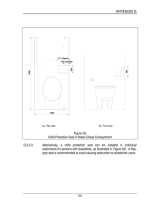 APPENDIX G
191
1850
1200
300
311 (Open)
146 (Closed)
483(a) Plan view (b) Front view
Figure G5
Child Protection Seat in Water Closet Compartment
G.3.2.3 Alternatively, a child protection seat can be installed in individual
washrooms for persons with disabilities, as illustrated in Figure G6. A flap-
type seat is recommended to avoid causing obstruction to wheelchair users.
 