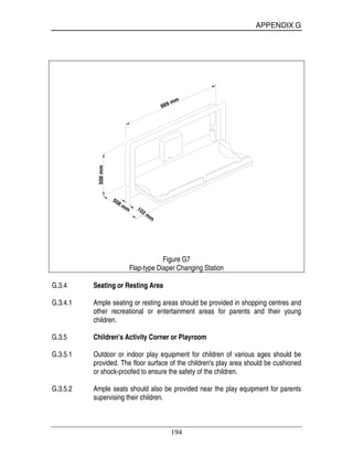 APPENDIX G
194
889 mm508mm
508 mm 102
m
m
Figure G7
Flap-type Diaper Changing Station
G.3.4 Seating or Resting Area
G.3.4.1 Ample seating or resting areas should be provided in shopping centres and
other recreational or entertainment areas for parents and their young
children.
G.3.5 Children's Activity Corner or Playroom
G.3.5.1 Outdoor or indoor play equipment for children of various ages should be
provided. The floor surface of the children's play area should be cushioned
or shock-proofed to ensure the safety of the children.
G.3.5.2 Ample seats should also be provided near the play equipment for parents
supervising their children.
 
