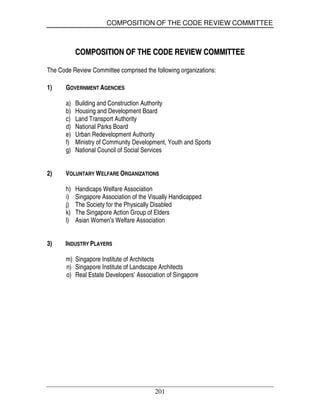 COMPOSITION OF THE CODE REVIEW COMMITTEE
201
CCOOMMPPOOSSIITTIIOONN OOFF TTHHEE CCOODDEE RREEVVIIEEWW CCOOMMMMIITTTTEEEE
The Code Review Committee comprised the following organizations:
1) GOVERNMENT AGENCIES
a) Building and Construction Authority
b) Housing and Development Board
c) Land Transport Authority
d) National Parks Board
e) Urban Redevelopment Authority
f) Ministry of Community Development, Youth and Sports
g) National Council of Social Services
2) VOLUNTARY WELFARE ORGANIZATIONS
h) Handicaps Welfare Association
i) Singapore Association of the Visually Handicapped
j) The Society for the Physically Disabled
k) The Singapore Action Group of Elders
l) Asian Women’s Welfare Association
3) INDUSTRY PLAYERS
m) Singapore Institute of Architects
n) Singapore Institute of Landscape Architects
o) Real Estate Developers’ Association of Singapore
 