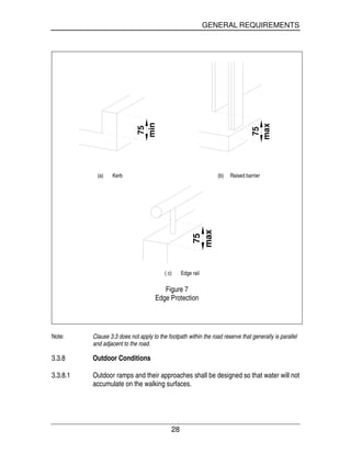 GENERAL REQUIREMENTS
28
75
min
75
max
(a) Kerb (b) Raised barrier
75
max
( c) Edge rail
Figure 7
Edge Protection
Note: Clause 3.3 does not apply to the footpath within the road reserve that generally is parallel
and adjacent to the road.
3.3.8 Outdoor Conditions
3.3.8.1 Outdoor ramps and their approaches shall be designed so that water will not
accumulate on the walking surfaces.
 