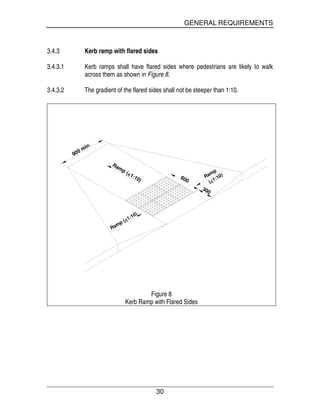 GENERAL REQUIREMENTS
30
3.4.3 Kerb ramp with flared sides
3.4.3.1 Kerb ramps shall have flared sides where pedestrians are likely to walk
across them as shown in Figure 8.
3.4.3.2 The gradient of the flared sides shall not be steeper than 1:10.
Ramp
Ramp (<1:10)
900 min
Ramp (<1:10) _
_
_
600
300
(<1:10)
Figure 8
Kerb Ramp with Flared Sides
 