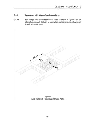 GENERAL REQUIREMENTS
31
3.4.4 Kerb ramps with returned/continuous kerbs
3.4.4.1 Kerb ramps with returned/continuous kerbs as shown in Figure 9 are an
alternative approach that can be used where pedestrians are not expected
to walk across the ramp.
900 min
Ram
pUp
300
600
Figure 9
Kerb Ramp with Returned/Continuous Kerbs
 