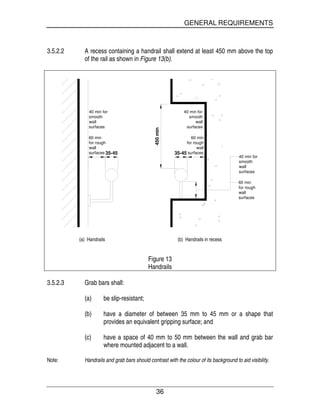 GENERAL REQUIREMENTS
36
3.5.2.2 A recess containing a handrail shall extend at least 450 mm above the top
of the rail as shown in Figure 13(b).
40 min for
smooth
wall
surfaces
35-45
450min
60 min
for rough
wall
surfaces 35-45
40 min for
smooth
wall
surfaces
60 min
for rough
wall
surfaces
40 min for
smooth
wall
surfaces
60 min
for rough
wall
surfaces
(a) Handrails (b) Handrails in recess
Figure 13
Handrails
3.5.2.3 Grab bars shall:
(a) be slip-resistant;
(b) have a diameter of between 35 mm to 45 mm or a shape that
provides an equivalent gripping surface; and
(c) have a space of 40 mm to 50 mm between the wall and grab bar
where mounted adjacent to a wall.
Note: Handrails and grab bars should contrast with the colour of its background to aid visibility.
 