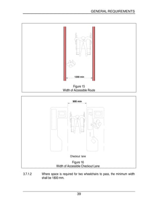 GENERAL REQUIREMENTS
39
1200 min
Figure 15
Width of Accessible Route
900 min
Checkout lane
Figure 16
Width of Accessible Checkout Lane
3.7.1.2 Where space is required for two wheelchairs to pass, the minimum width
shall be 1800 mm.
 