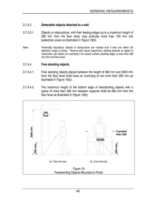 GENERAL REQUIREMENTS
42
3.7.4.3 Detectable objects attached to a wall
3.7.4.3.1 Objects or obstructions, with their leading edges up to a maximum height of
580 mm from the floor level, may protrude more than 100 mm into
pedestrian areas as illustrated in Figure 18(b).
Note: Potentially hazardous objects or obstructions are noticed only if they are within the
detection range of canes. Persons with visual impairment, walking towards an object or
obstruction can detect an overhang if its lowest surface (leading edge) is less than 580
mm from the floor level.
3.7.4.4 Free standing objects
3.7.4.4.1 Free standing objects placed between the height of 580 mm and 2000 mm
from the floor level shall have an overhang of not more than 300 mm as
illustrated in Figure 19(a).
3.7.4.4.2 The maximum height of the bottom edge of freestanding objects with a
space of more than 300 mm between supports shall be 580 mm from the
floor level as illustrated in Figure 19(b).
580max
2000min
300
max 580max
if greater
than 300
SIGN
(a) Cane hits post (b) Cane hits post
Figure 19
Freestanding Objects Mounted on Posts
 