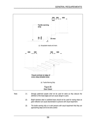 GENERAL REQUIREMENTS
58
300 600300
150 25 max
min
max
Tactile warning
strip
(c) Acceptable treads and risers
600 300 300 600
Visual contrast at edge of
every step (shaded area)
(d) Tactile Warning Strip
Figure 28
Stair Detail
Note: (1) Strongly patterned carpets shall not be used for stairs as they obscure the
definition of the tread edges and can cause danger to users.
(2) Bright stainless steel or polished brass should not be used for nosing strips as
glare reflection can cause disorientation to persons with visual impairment.
(3) The tactile warning strip is to alert persons with visual impairment that they are
approaching steps and to be extra careful.
 