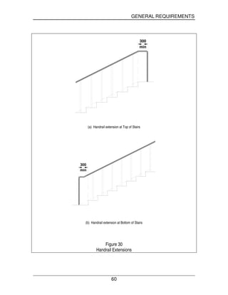 GENERAL REQUIREMENTS
60
300
min
(a) Handrail extension at Top of Stairs
300
min
(b) Handrail extension at Bottom of Stairs
Figure 30
Handrail Extensions
 