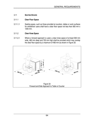GENERAL REQUIREMENTS
64
3.11 SEATING SPACES
3.11.1 Clear Floor Space
3.11.1.1 Seating space, such as those provided at counters, tables or work surfaces
for wheelchair users shall have a clear floor space not less than 900 mm x
1200 mm.
3.11.2 Clear Knee Space
3.11.2.1 Where a forward approach is used, a clear knee space of at least 900 mm
wide, 480 mm deep and 700 mm high shall be provided which may overlap
the clear floor space by a maximum of 480 mm as shown in Figure 33.
700min
800max
1200 min
480 min
900 min 900 min
1200 min
Figure 33
Forward and Side Approach to Table or Counter
 