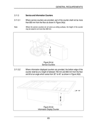 GENERAL REQUIREMENTS
65
3.11.3 Service and Information Counters
3.11.3.1 Where service counters are provided, part of the counter shall not be more
than 800 mm from the floor as shown in Figure 34(a).
Note: Where the service counters do not serve as writing surfaces, the height of the counter
may be raised to not more than 860 mm.
800max
Figure 34 (a)
Service Counters
3.11.3.2 Where information displayed counters are provided, the bottom edge of the
counter shall be at a height of between 700 mm and 800 mm from the floor
and tilt at an angle which varies from 30° to 45° as shown in Figure 34(b).
700-800
30°- 45°
Figure 34 (b)
Information Display Counter
 