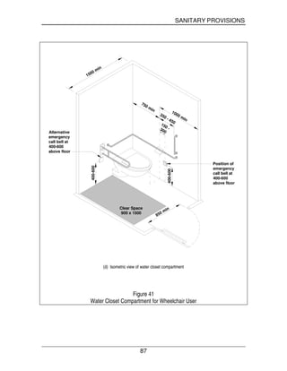 SANITARY PROVISIONS
87
1500 min
1000 min
750 min
350 - 450
850 min
Alternative
emergency
call bell at
400-600
above floor
400-600
400-600
Clear Space
900 x 1500
150 -300
Position of
emergency
call bell at
400-600
above floor
(d) Isometric view of water closet compartment
Figure 41
Water Closet Compartment for Wheelchair User
 