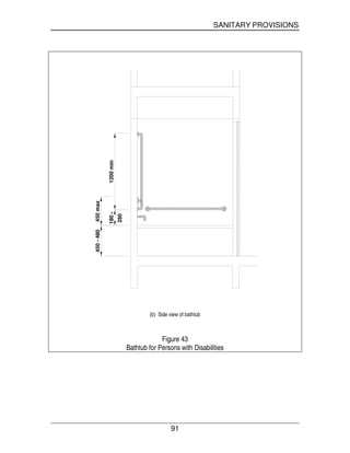 SANITARY PROVISIONS
91
180-
450max
1200min
280
450-480
(b) Side view of bathtub
Figure 43
Bathtub for Persons with Disabilities
 