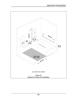 SANITARY PROVISIONS
92
Clear Space
900 x 1500
1200min180-
180-
280
280
1200 min
450
max
850 min
300
max
(c) Isometric view of bathtub
Figure 43
Bathtub for Persons with Disabilities
 