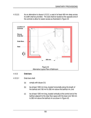 SANITARY PROVISIONS
93
4.12.2.5 As an alternative to clause 4.12.2.2, a seat of at least 400 mm deep across
its width shall be provided. The seat shall be located at the opposite end of
the controls to allow for easier access as illustrated in Figure 44.
850 min
400
min
Location of
Controls
Grab Bars
Seat
Flip-up
Grab Bar
Figure 44
Alternative Layout Plan of Bathroom
4.12.3 Grab bars
4.12.3.1 Grab bars shall:
(a) comply with clause 3.5;
(b) be at least 1200 mm long, located horizontally along the length of
the bathtub and 180 mm to 280 mm above the bathtub rim; and
(c) be at least 1200 mm long, located vertically at the control end of the
bathtub adjacent to the clear floor space with the lower end 180 mm
to 280 mm above the bathtub rim as shown in Figure 43.
 
