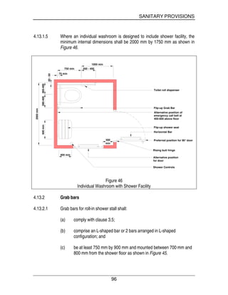 SANITARY PROVISIONS
96
4.13.1.5 Where an individual washroom is designed to include shower facility, the
minimum internal dimensions shall be 2000 mm by 1750 mm as shown in
Figure 46.
750 min 350 - 450
75 min
2000min
380-400460-480
40-50
300
min
Flip-up Grab Bar
Alternative position of
emergency call bell at
400-600 above floor
Horizontal Bar
Alternative position
for door
Rising butt hinge
Toilet roll dispenser
1000 min
600min
Flip-up shower seat
Preferred position for 90°door
Shower Controls
400 min
Figure 46
Individual Washroom with Shower Facility
4.13.2 Grab bars
4.13.2.1 Grab bars for roll-in shower stall shall:
(a) comply with clause 3.5;
(b) comprise an L-shaped bar or 2 bars arranged in L-shaped
configuration; and
(c) be at least 750 mm by 900 mm and mounted between 700 mm and
800 mm from the shower floor as shown in Figure 45.
 