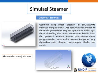 Simulasi Steamer
Geometri Steamer
Geometri yang sudah didesain di SOLIDWORKS
disimpan dengan format .IGS kemudian dimasukkan ke
dalam design modeller yang terdapat dalam ANSYS agar
dapat dimeshing dan untuk menentukan kondisi batas
dari geometri tersebut. Karena keterbatasan dalam
penggenerasian mesh maka domain komputasi yang
digunakan yaitu, dengan pengurangan silinder plat
metal.
Geometri assembly steamer
 