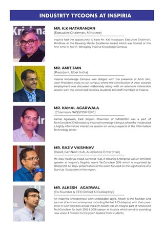 Inspiria Knowledge Campus was obliged with the presence of Amit Jain,
Uber-President, India at our campus where the contribution of Uber towards
employment was discussed elaborately along with an extensive interaction
session with the concerned faculties, students and staff members of Inspiria.
Inspiria had the opportunity to have Mr. K.K. Natarajan, Executive Chairman,
Mindtree at the Dewang Mehta Excellence Award which was hosted or the
first time in North Benagl by Inspiria Knowledge Campus.
MR. KAMAL AGARWALA
(Chairman NASSCOM ERC)
MR. K.K NATARANJAN
(Executive Chairman, Mindtree)
MR. AMIT JAIN
(President, Uber India)
MR. RAJIV VAISHNAV
(Head, GenNext Hub, A Reliance Enterprise)
Kamal Agarwala, East Region Chairman of NASSCOM was a part of
TechConclave 2016 hosted by Inspiria Knowledge Campus where he moderated
a highly informative interactive session on various aspects of the Information
Technology sector.
Mr. Rajiv Vaishnav, Head, GenNext Hub, A Reliance Enterprise was an eminent
speaker at Inspiria’s flagship event TecConclave 2016 which is organised by
NASSCOM. Mr Rajiv presentation at the event focused on the significance of a
Start Up Ecosystem in the region.
INDUSTRTY TYCOONS AT INSPIRIA
MR. ALKESH AGARWAL
(Co-founder & CEO Refeel & Clublaptop)
An inspiring entrepreneur with unbeatable spirit, Alkesh is the founder and
partner of eminent enterprises including Re-feel & Clublaptop with their pres-
ence in over 100 cities across India.Mr Alkesh was an integral part of NASSCOM
TechConclave for both 2015 & 2016 saeson at Inspiria which aimd to providing
new vision & mission to the youth leaders from students.
 
