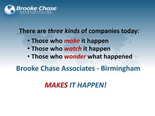 There are three kinds of companies today:
• Those who make it happen
• Those who watch it happen
• Those who wonder what happened
MAKES IT HAPPEN!
Brooke Chase Associates - Birmingham
 
