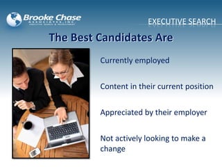 The Best Candidates Are
Currently employed
Content in their current position
Appreciated by their employer
Not actively looking to make a
change
EXECUTIVE SEARCH
 