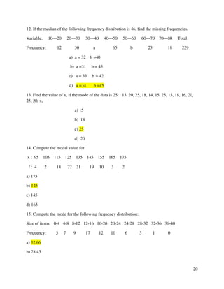 20 
12. If the median of the following frequency distribution is 46, find the missing frequencies. 
Variable: 10—20 20—30 30—40 40---50 50—60 60---70 70---80 Total 
Frequency: 12 30 a 65 b 25 18 229 
a) a = 32 b =40 
b) a =31 b = 45 
c) a = 33 b = 42 
d) a =34 b =45 
13. Find the value of x, if the mode of the data is 25: 15, 20, 25, 18, 14, 15, 25, 15, 18, 16, 20, 
25, 20, x, 
a) 15 
b) 18 
c) 25 
d) 20 
14. Compute the modal value for 
x : 95 105 115 125 135 145 155 165 175 
f : 4 2 18 22 21 19 10 3 2 
a) 175 
b) 125 
c) 145 
d) 165 
15. Compute the mode for the following frequency distribution: 
Size of items: 0-4 4-8 8-12 12-16 16-20 20-24 24-28 28-32 32-36 36-40 
Frequency: 5 7 9 17 12 10 6 3 1 0 
a) 32.66 
b) 28.43 
 