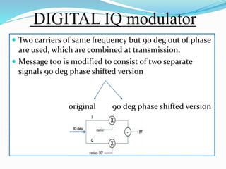 DIGITAL IQ modulator
 Two carriers of same frequency but 90 deg out of phase
are used, which are combined at transmission.
 Message too is modified to consist of two separate
signals 90 deg phase shifted version
original 90 deg phase shifted version
 