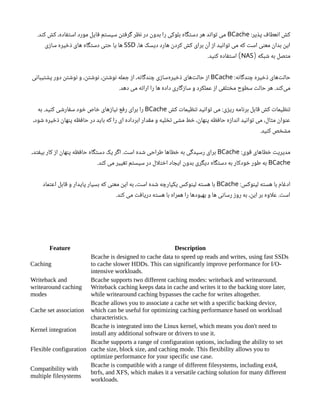 :‫پذیر‬ ‫انعطاف‬ ‫کش‬
BCache
.‫کند‬ ‫کش‬ ،‫استفاده‬ ‫مورد‬ ‫فایل‬ ‫سیستم‬ ‫گرفتن‬ ‫نظر‬ ‫در‬ ‫بدون‬ ‫را‬ ‫بلوکی‬ ‫دستگاه‬ ‫هر‬ ‫تواند‬ ‫می‬
،‫ها‬ ‫دیسک‬ ‫هارد‬ ‫کردن‬ ‫کش‬ ‫برای‬ ‫آن‬ ‫از‬ ‫توانید‬ ‫می‬ ‫که‬ ‫است‬ ‫معنی‬ ‫بدان‬ ‫این‬
SSD
‫سازی‬ ‫ذخیره‬ ‫های‬ ‫دستگاه‬ ‫حتی‬ ‫یا‬ ‫ها‬
‫شبکه‬ ‫به‬ ‫متصل‬
(
NAS
.‫کنید‬ ‫استفاده‬ )
:‫چندگانه‬ ‫ذخیره‬ ‫‌های‬
‫ت‬‫حال‬
BCache
‫پشتیبانی‬ ‫دور‬ ‫نوشتن‬ ‫و‬ ،‫نوشتن‬ ،‫نوشتن‬ ‫جمله‬ ‫از‬ ،‫چندگانه‬ ‫‌سازی‬
‫ه‬‫ذخیر‬ ‫‌های‬
‫ت‬‫حال‬ ‫از‬
.‫دهد‬ ‫می‬ ‫ارائه‬ ‫را‬ ‫ها‬ ‫داده‬ ‫سازگاری‬ ‫و‬ ‫عملکرد‬ ‫از‬ ‫مختلفی‬ ‫سطوح‬ ‫حالت‬ ‫هر‬ .‫‌کند‬
‫ی‬‫م‬
‫کش‬ ‫تنظیمات‬ ‫توانید‬ ‫می‬ :‫ریزی‬ ‫برنامه‬ ‫قابل‬ ‫کش‬ ‫تنظیمات‬
BCache
‫به‬ .‫کنید‬ ‫سفارشی‬ ‫خود‬ ‫خاص‬ ‫نیازهای‬ ‫رفع‬ ‫برای‬ ‫را‬
،‫شود‬ ‫ذخیره‬ ‫پنهان‬ ‫حافظه‬ ‫در‬ ‫باید‬ ‫که‬ ‫را‬ ‫ای‬ ‫ابرداده‬ ‫مقدار‬ ‫و‬ ‫تخلیه‬ ‫مشی‬ ‫خط‬ ،‫پنهان‬ ‫حافظه‬ ‫اندازه‬ ‫توانید‬ ‫می‬ ،‫مثال‬ ‫عنوان‬
.‫کنید‬ ‫مشخص‬
:‫قوی‬ ‫خطاهای‬ ‫مدیریت‬
BCache
،‫بیفتد‬ ‫کار‬ ‫از‬ ‫پنهان‬ ‫حافظه‬ ‫دستگاه‬ ‫یک‬ ‫اگر‬ .‫است‬ ‫شده‬ ‫طراحی‬ ‫خطاها‬ ‫به‬ ‫رسیدگی‬ ‫برای‬
BCache
.‫کند‬ ‫می‬ ‫تغییر‬ ‫سیستم‬ ‫در‬ ‫ال‬‫ل‬‫اخت‬ ‫ایجاد‬ ‫بدون‬ ‫دیگری‬ ‫دستگاه‬ ‫به‬ ‫خودکار‬ ‫طور‬ ‫به‬
:‫لینوکس‬ ‫هسته‬ ‫با‬ ‫ادغام‬
BCache
‫اعتماد‬ ‫قابل‬ ‫و‬ ‫پایدار‬ ‫بسیار‬ ‫که‬ ‫معنی‬ ‫این‬ ‫به‬ ،‫است‬ ‫شده‬ ‫یکپارچه‬ ‫لینوکس‬ ‫هسته‬ ‫با‬
.‫کند‬ ‫می‬ ‫دریافت‬ ‫هسته‬ ‫با‬ ‫همراه‬ ‫را‬ ‫بهبودها‬ ‫و‬ ‫ها‬ ‫رسانی‬ ‫روز‬ ‫به‬ ،‫این‬ ‫بر‬ ‫اوه‬‫ل‬‫ع‬ .‫است‬
Feature Description
Caching
Bcache is designed to cache data to speed up reads and writes, using fast SSDs
to cache slower HDDs. This can significantly improve performance for I/O-
intensive workloads.
Writeback and
writearound caching
modes
Bcache supports two different caching modes: writeback and writearound.
Writeback caching keeps data in cache and writes it to the backing store later,
while writearound caching bypasses the cache for writes altogether.
Cache set association
Bcache allows you to associate a cache set with a specific backing device,
which can be useful for optimizing caching performance based on workload
characteristics.
Kernel integration
Bcache is integrated into the Linux kernel, which means you don't need to
install any additional software or drivers to use it.
Flexible configuration
Bcache supports a range of configuration options, including the ability to set
cache size, block size, and caching mode. This flexibility allows you to
optimize performance for your specific use case.
Compatibility with
multiple filesystems
Bcache is compatible with a range of different filesystems, including ext4,
btrfs, and XFS, which makes it a versatile caching solution for many different
workloads.
 