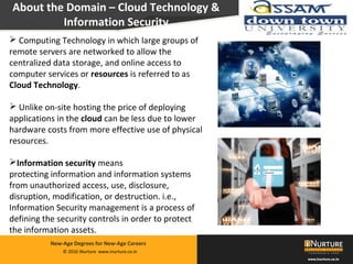 Private & confidential. Not for circulationMarch 2014
© 2016 iNurture www.inurture.co.in
New-Age Degrees for New-Age Careers
About the Domain – Cloud Technology &
Information Security
 Computing Technology in which large groups of
remote servers are networked to allow the
centralized data storage, and online access to
computer services or resources is referred to as
Cloud Technology.
 Unlike on-site hosting the price of deploying
applications in the cloud can be less due to lower
hardware costs from more effective use of physical
resources.
Information security means
protecting information and information systems
from unauthorized access, use, disclosure,
disruption, modification, or destruction. i.e.,
Information Security management is a process of
defining the security controls in order to protect
the information assets.
 