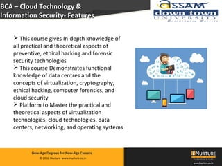 Private & confidential. Not for circulationMarch 2014
© 2016 iNurture www.inurture.co.in
New-Age Degrees for New-Age Careers
BCA – Cloud Technology &BCA – Cloud Technology &
Information SecurityInformation Security- Features- Features
 This course gives In-depth knowledge of
all practical and theoretical aspects of
preventive, ethical hacking and forensic
security technologies
 This course Demonstrates functional
knowledge of data centres and the
concepts of virtualization, cryptography,
ethical hacking, computer forensics, and
cloud security
 Platform to Master the practical and
theoretical aspects of virtualization
technologies, cloud technologies, data
centers, networking, and operating systems
 