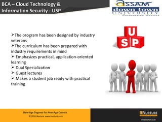 Private & confidential. Not for circulationMarch 2014
© 2016 iNurture www.inurture.co.in
New-Age Degrees for New-Age Careers
BCA – Cloud Technology &BCA – Cloud Technology &
Information SecurityInformation Security - USP- USP
The program has been designed by industry
veterans
The curriculum has been prepared with
industry requirements in mind
 Emphasizes practical, application-oriented
learning
 Dual Specialization
 Guest lectures
 Makes a student job ready with practical
training
 