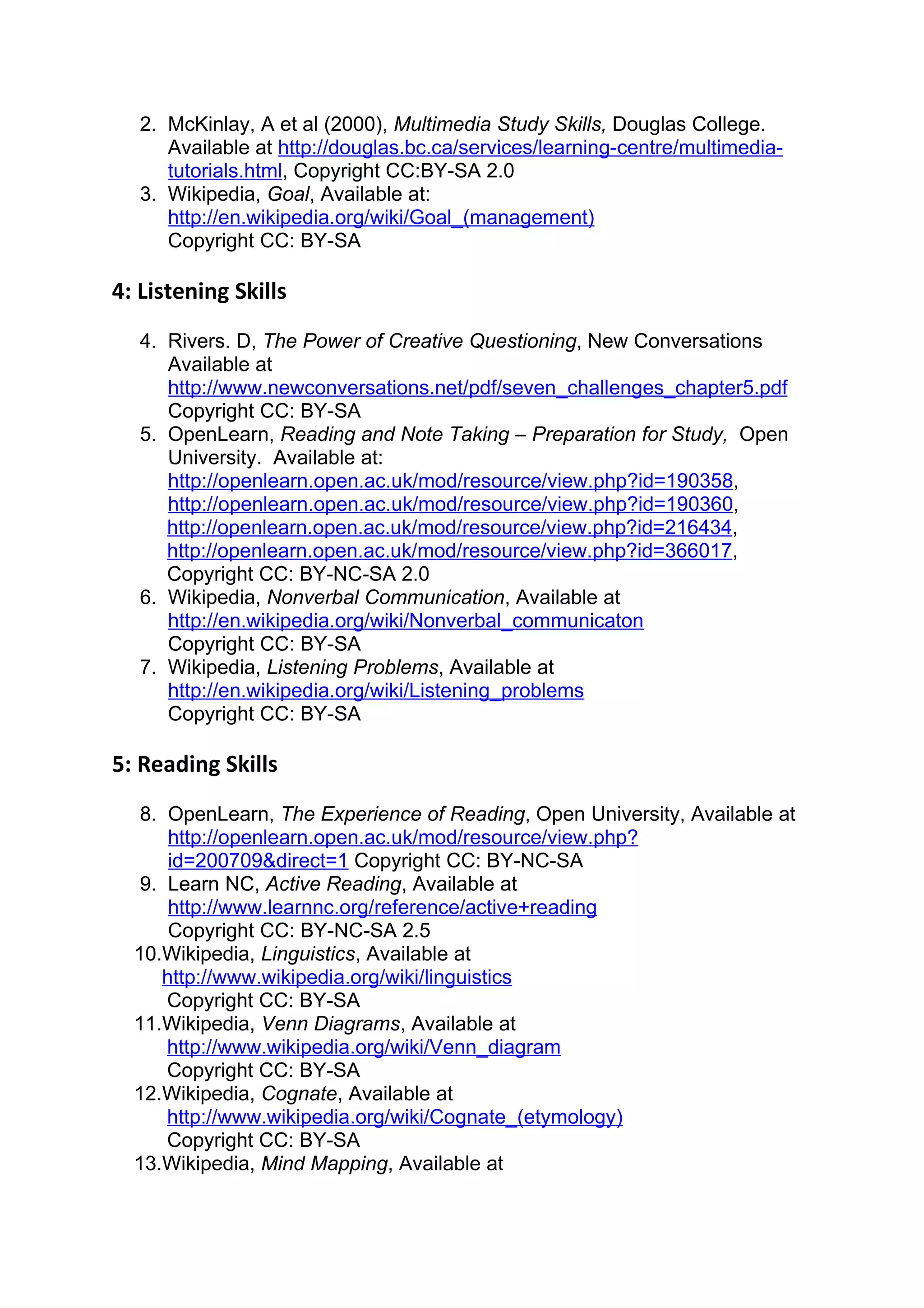 2. McKinlay, A et al (2000), Multimedia Study Skills, Douglas College.
      Available at http://douglas.bc.ca/services/learning-centre/multimedia-
      tutorials.html, Copyright CC:BY-SA 2.0
   3. Wikipedia, Goal, Available at:
      http://en.wikipedia.org/wiki/Goal_(management)
      Copyright CC: BY-SA

4: Listening Skills
   4. Rivers. D, The Power of Creative Questioning, New Conversations
      Available at
      http://www.newconversations.net/pdf/seven_challenges_chapter5.pdf
      Copyright CC: BY-SA
   5. OpenLearn, Reading and Note Taking – Preparation for Study, Open
      University. Available at:
      http://openlearn.open.ac.uk/mod/resource/view.php?id=190358,
      http://openlearn.open.ac.uk/mod/resource/view.php?id=190360,
      http://openlearn.open.ac.uk/mod/resource/view.php?id=216434,
      http://openlearn.open.ac.uk/mod/resource/view.php?id=366017,
      Copyright CC: BY-NC-SA 2.0
   6. Wikipedia, Nonverbal Communication, Available at
      http://en.wikipedia.org/wiki/Nonverbal_communicaton
      Copyright CC: BY-SA
   7. Wikipedia, Listening Problems, Available at
      http://en.wikipedia.org/wiki/Listening_problems
      Copyright CC: BY-SA

5: Reading Skills
   8. OpenLearn, The Experience of Reading, Open University, Available at
      http://openlearn.open.ac.uk/mod/resource/view.php?
      id=200709&direct=1 Copyright CC: BY-NC-SA
   9. Learn NC, Active Reading, Available at
      http://www.learnnc.org/reference/active+reading
      Copyright CC: BY-NC-SA 2.5
  10.Wikipedia, Linguistics, Available at
     http://www.wikipedia.org/wiki/linguistics
      Copyright CC: BY-SA
  11.Wikipedia, Venn Diagrams, Available at
      http://www.wikipedia.org/wiki/Venn_diagram
      Copyright CC: BY-SA
  12.Wikipedia, Cognate, Available at
      http://www.wikipedia.org/wiki/Cognate_(etymology)
      Copyright CC: BY-SA
  13.Wikipedia, Mind Mapping, Available at
 