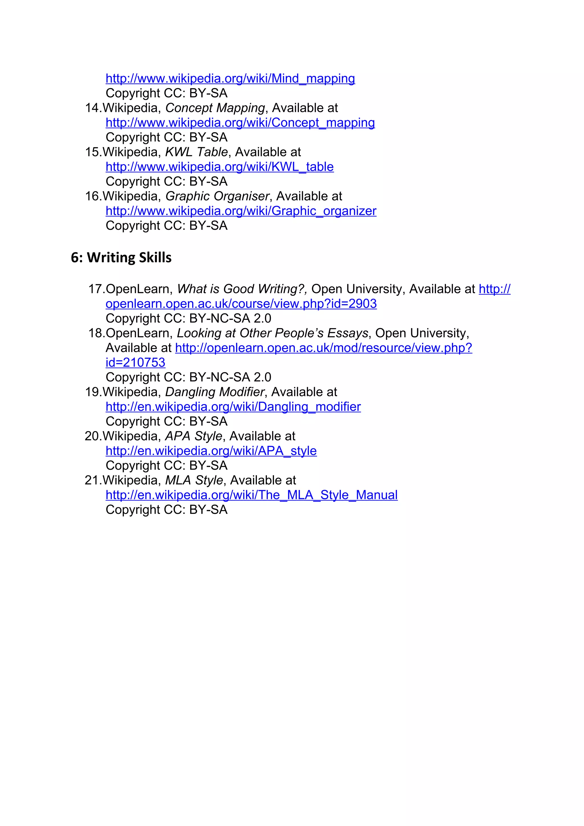 http://www.wikipedia.org/wiki/Mind_mapping
     Copyright CC: BY-SA
  14.Wikipedia, Concept Mapping, Available at
     http://www.wikipedia.org/wiki/Concept_mapping
     Copyright CC: BY-SA
  15.Wikipedia, KWL Table, Available at
     http://www.wikipedia.org/wiki/KWL_table
     Copyright CC: BY-SA
  16.Wikipedia, Graphic Organiser, Available at
     http://www.wikipedia.org/wiki/Graphic_organizer
     Copyright CC: BY-SA

6: Writing Skills
  17.OpenLearn, What is Good Writing?, Open University, Available at http://
     openlearn.open.ac.uk/course/view.php?id=2903
     Copyright CC: BY-NC-SA 2.0
  18.OpenLearn, Looking at Other People’s Essays, Open University,
     Available at http://openlearn.open.ac.uk/mod/resource/view.php?
     id=210753
     Copyright CC: BY-NC-SA 2.0
  19.Wikipedia, Dangling Modifier, Available at
     http://en.wikipedia.org/wiki/Dangling_modifier
     Copyright CC: BY-SA
  20.Wikipedia, APA Style, Available at
     http://en.wikipedia.org/wiki/APA_style
     Copyright CC: BY-SA
  21.Wikipedia, MLA Style, Available at
     http://en.wikipedia.org/wiki/The_MLA_Style_Manual
     Copyright CC: BY-SA
 