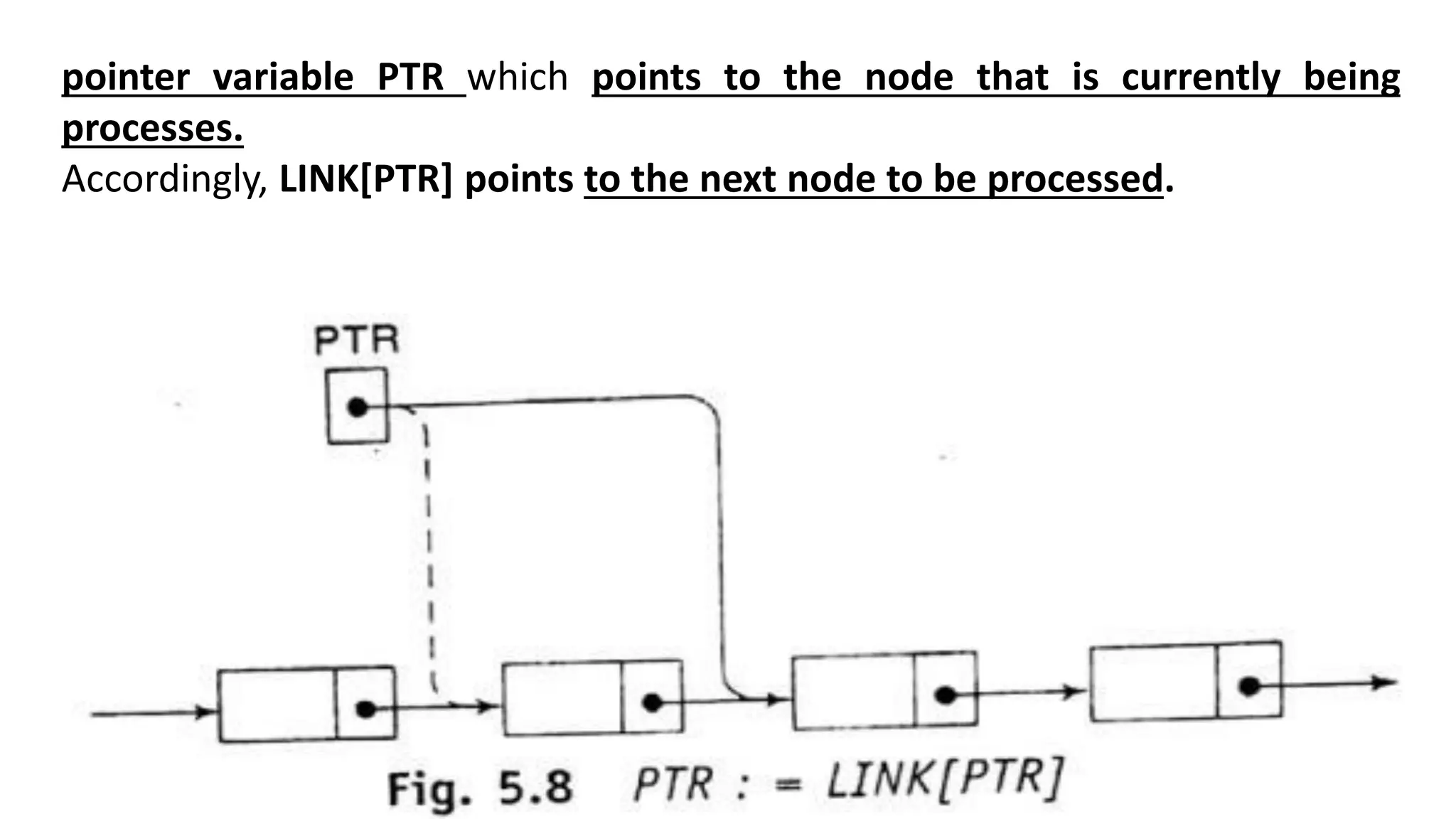 pointer variable PTR which points to the node that is currently being
processes.
Accordingly, LINK[PTR] points to the next node to be processed.
 
