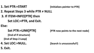 1. Set PTR:=START [Initializes pointer to PTR]
2. Repeat Steps 3 while PTR ≠ NULL
3. If ITEM=INFO[PTR] then
Set LOC:=PTR, and Exit.
Else:
Set PTR:=LINK[PTR] [PTR now points to the next node]
[End of If structure]
[End of Step 2 Loop]
4. Set LOC:=NULL. [Search is unsuccessful?]
5. Exit.
 
