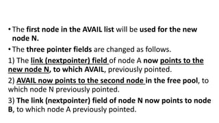 •The first node in the AVAIL list will be used for the new
node N.
•The three pointer fields are changed as follows.
1) The link (nextpointer) field of node A now points to the
new node N, to which AVAIL, previously pointed.
2) AVAIL now points to the second node in the free pool, to
which node N previously pointed.
3) The link (nextpointer) field of node N now points to node
B, to which node A previously pointed.
 