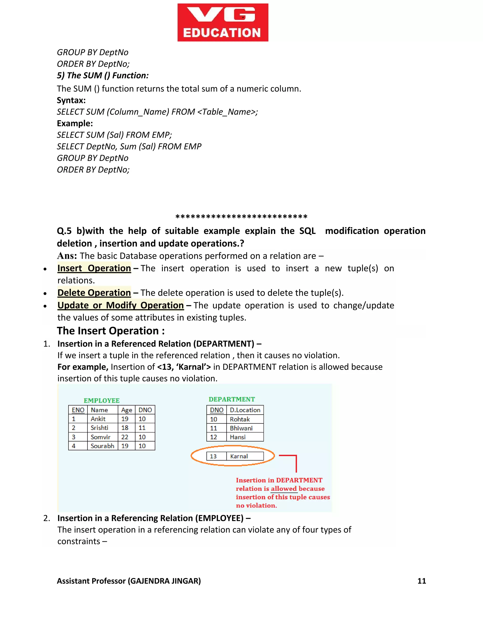 Assistant Professor (GAJENDRA JINGAR) 11
GROUP BY DeptNo
ORDER BY DeptNo;
5) The SUM () Function:
The SUM () function returns the total sum of a numeric column.
Syntax:
SELECT SUM (Column_Name) FROM <Table_Name>;
Example:
SELECT SUM (Sal) FROM EMP;
SELECT DeptNo, Sum (Sal) FROM EMP
GROUP BY DeptNo
ORDER BY DeptNo;
**************************
Q.5 b)with the help of suitable example explain the SQL modification operation
deletion , insertion and update operations.?
Ans: The basic Database operations performed on a relation are –
 Insert Operation – The insert operation is used to insert a new tuple(s) on
relations.
 Delete Operation – The delete operation is used to delete the tuple(s).
 Update or Modify Operation – The update operation is used to change/update
the values of some attributes in existing tuples.
The Insert Operation :
1. Insertion in a Referenced Relation (DEPARTMENT) –
If we insert a tuple in the referenced relation , then it causes no violation.
For example, Insertion of <13, ‘Karnal’> in DEPARTMENT relation is allowed because
insertion of this tuple causes no violation.
2. Insertion in a Referencing Relation (EMPLOYEE) –
The insert operation in a referencing relation can violate any of four types of
constraints –
 