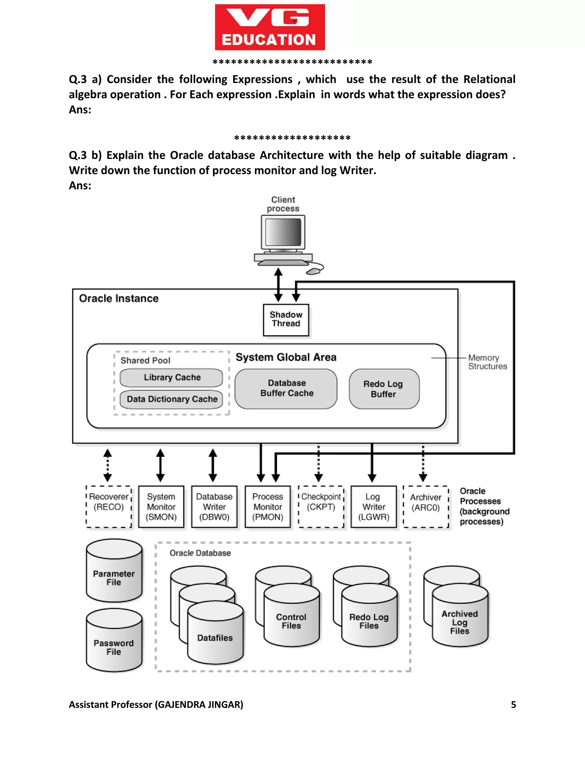 Assistant Professor (GAJENDRA JINGAR) 5
**************************
Q.3 a) Consider the following Expressions , which use the result of the Relational
algebra operation . For Each expression .Explain in words what the expression does?
Ans:
*******************
Q.3 b) Explain the Oracle database Architecture with the help of suitable diagram .
Write down the function of process monitor and log Writer.
Ans:
 